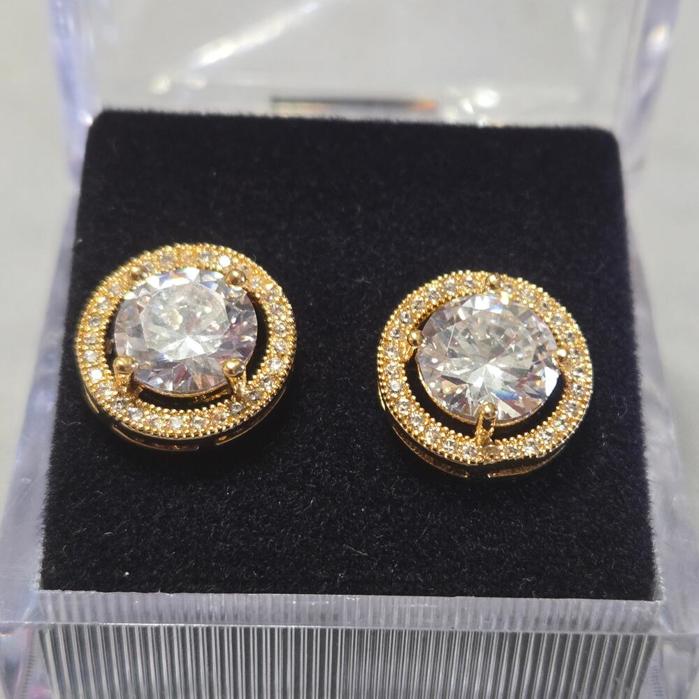 Gold Cubic Zirconia Halo Earrings Surgical Steel